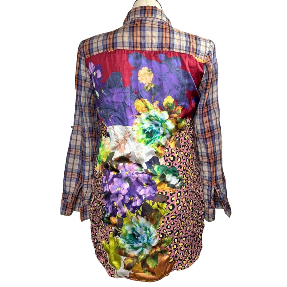 Aratta Womens Button Down Shirt M Cotton Blend Mixed Media Patchwork Plaid